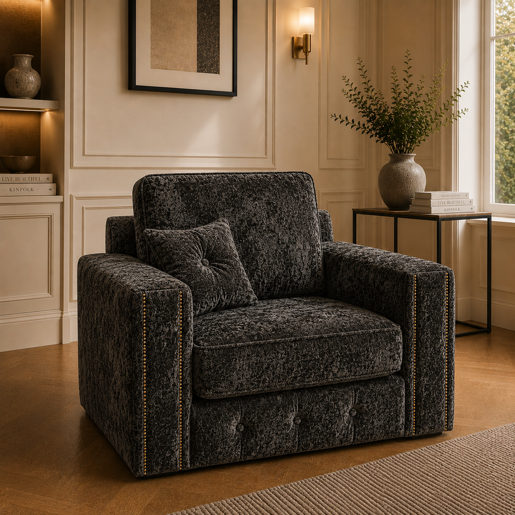 Ruby Alaska 1 Seater Crush Velvet Dark Grey Sofa - Detailed Angle View 4