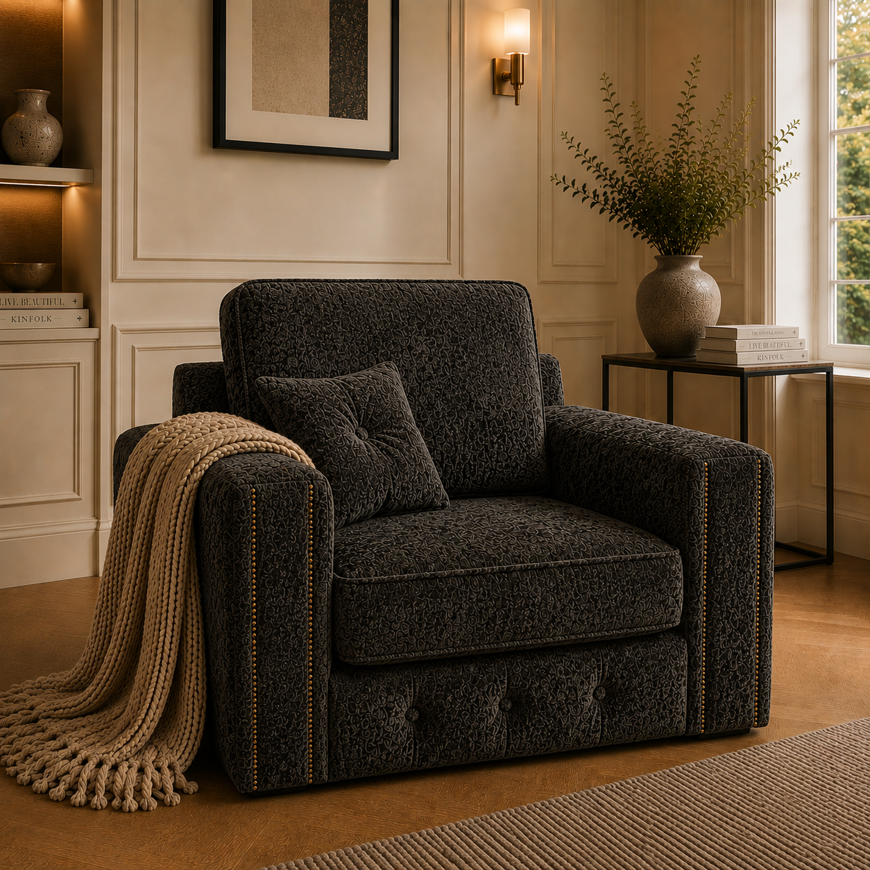 Ruby Alaska 1 Seater Crush Velvet Dark Grey Sofa - Detailed Angle View 5