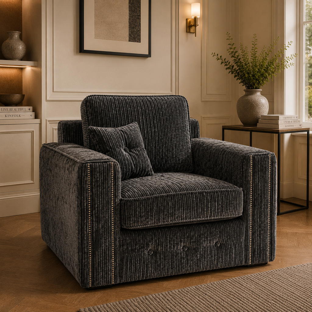 Ruby Alaska 1 Seater Jumbo Cord Dark Grey Sofa - Detailed Angle View 4