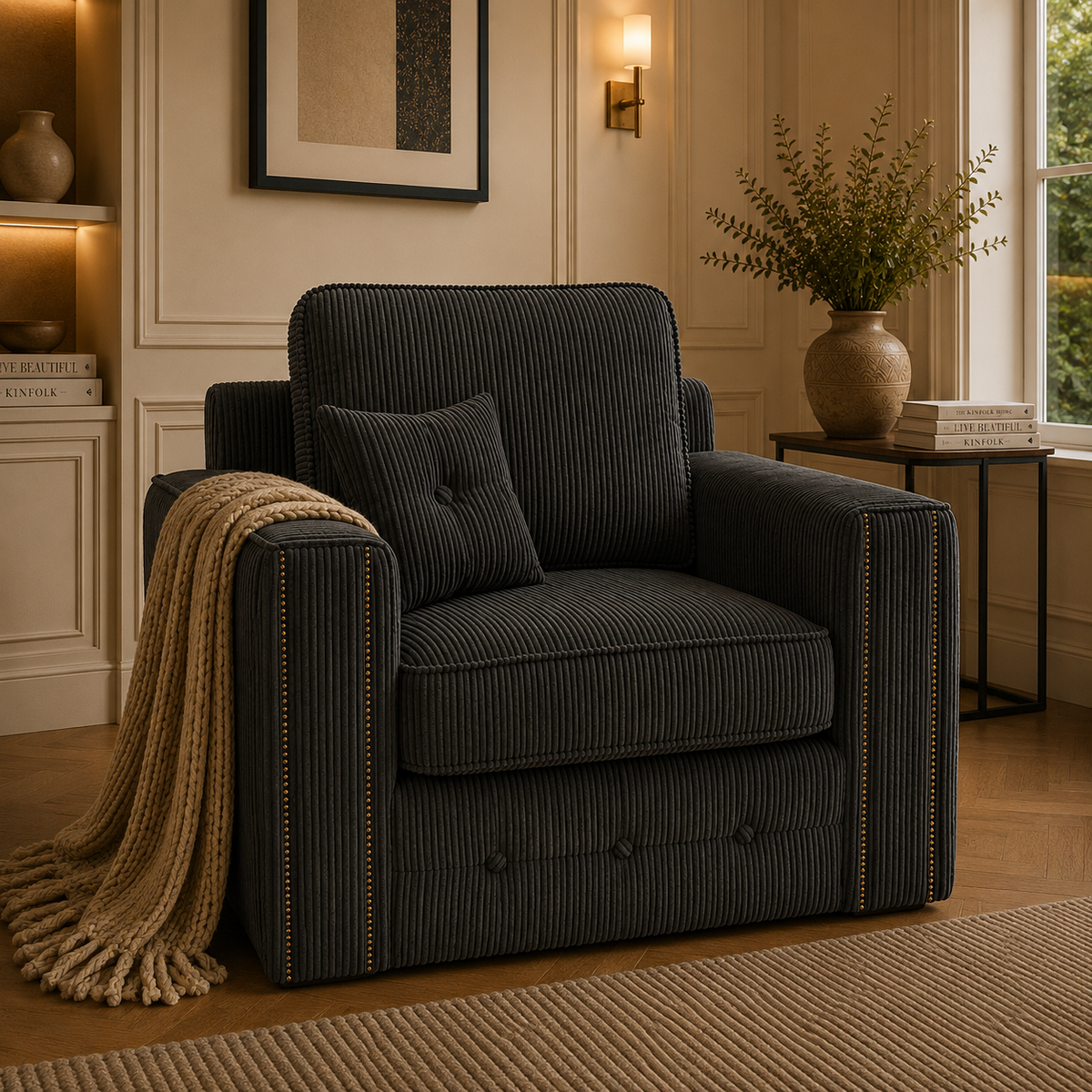 Ruby Alaska 1 Seater Jumbo Cord Dark Grey Sofa - Detailed Angle View 5