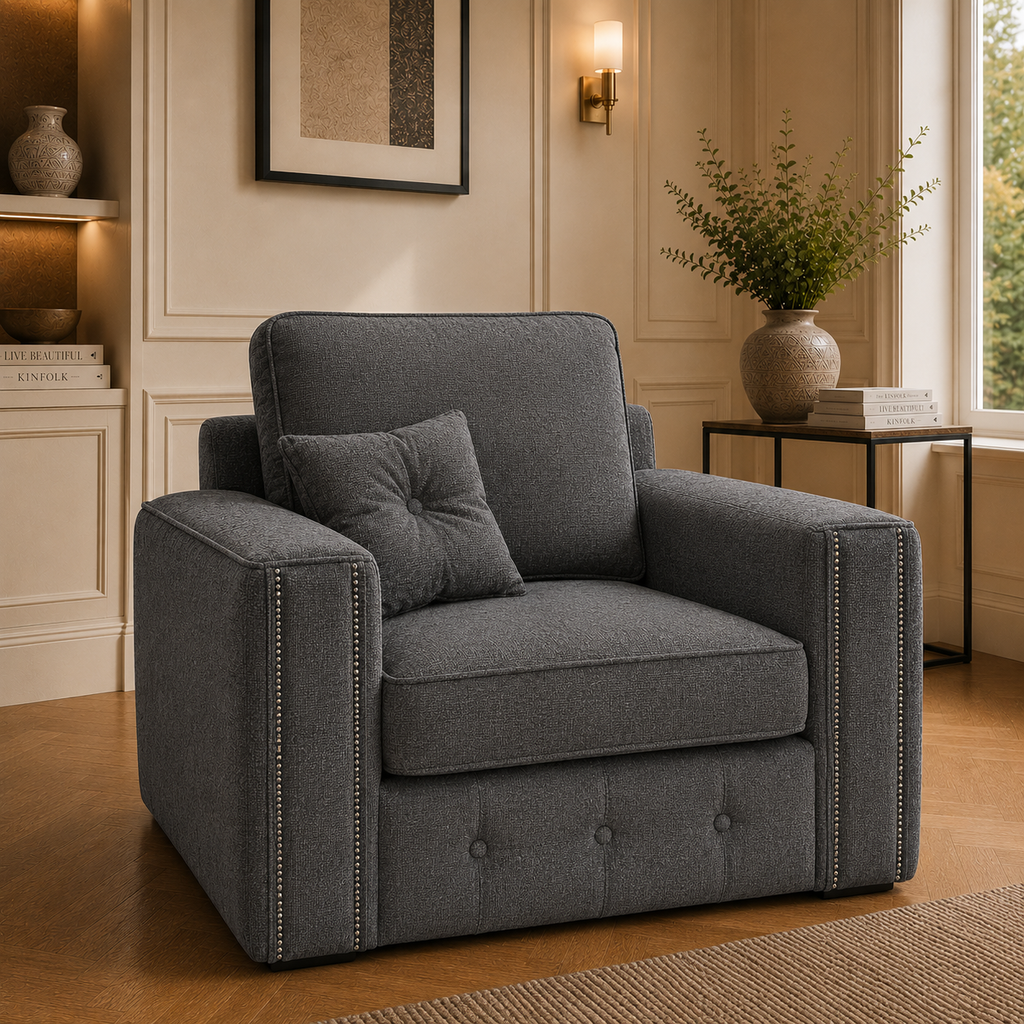 Ruby Alaska 1 Seater Naples & Kensington Dark Grey Sofa - Detailed Angle View 4