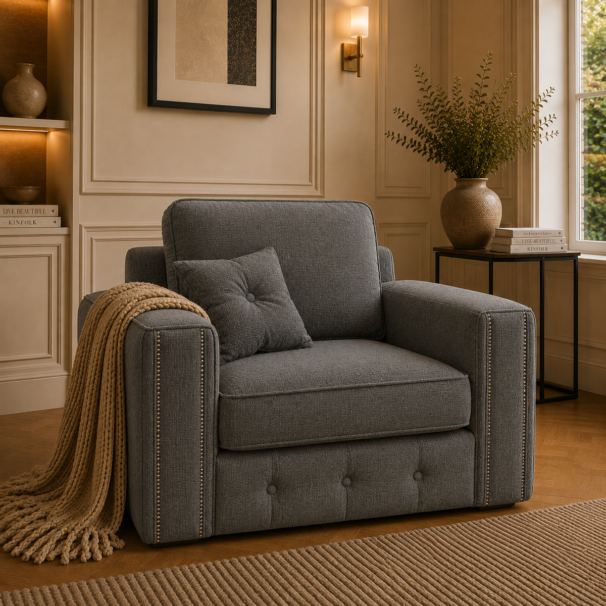 Ruby Alaska 1 Seater Naples & Kensington Dark Grey Sofa - Detailed Angle View 5