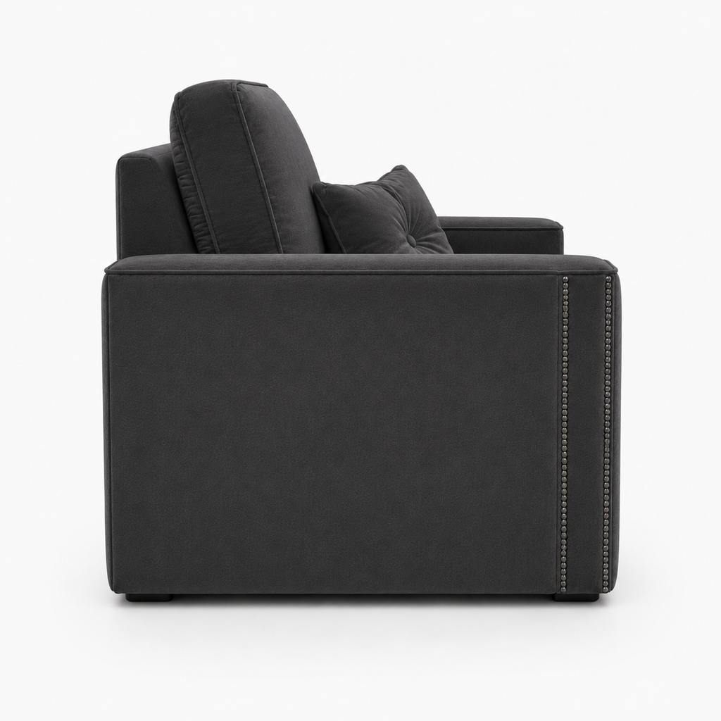 Ruby Alaska 1 Seater Plush Velvet Dark Grey Sofa - Detailed Angle View 2