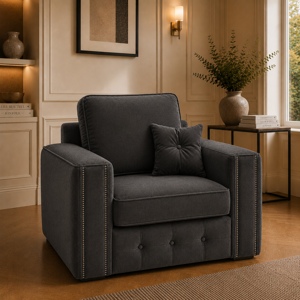 Ruby Alaska 1 Seater Plush Velvet Dark Grey Sofa - Detailed Angle View 4