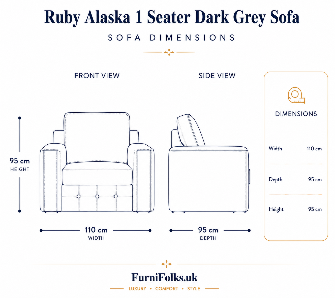 Ruby Alaska 1 Seater Plush Velvet Dark Grey Sofa - Detailed Angle View 6