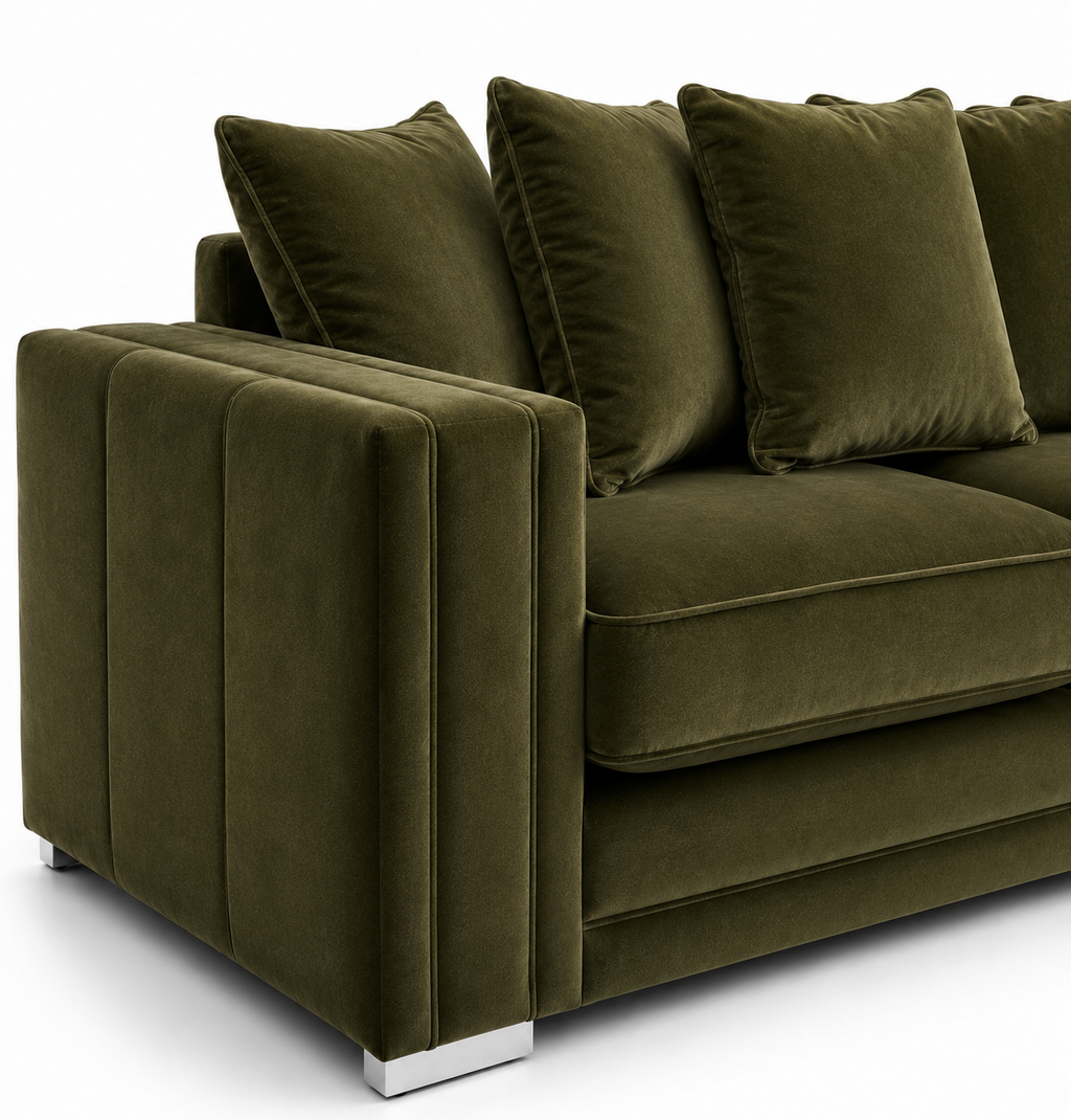 Ruby Alaska 3 Seater Plush Velvet Olive Green Sofa - Detailed Angle View 2