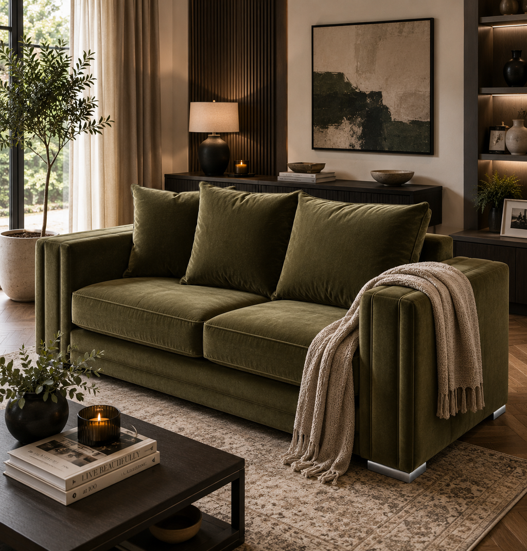 Ruby Alaska 3 Seater Plush Velvet Olive Green Sofa - Detailed Angle View 4