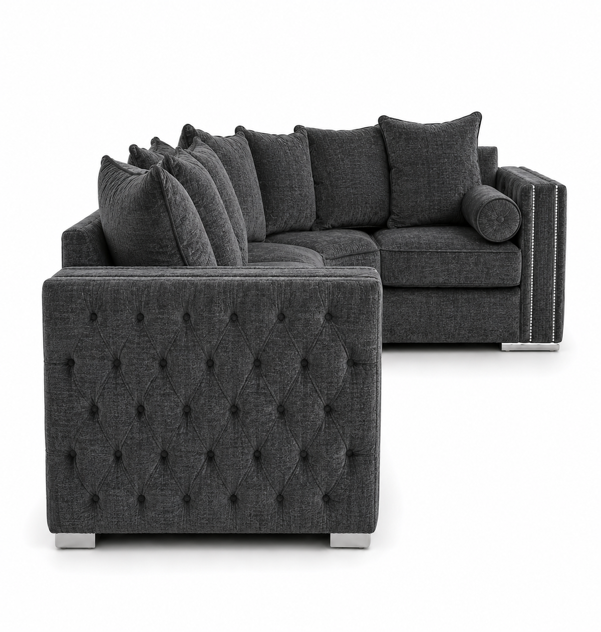 Ruby Alaska 5 Seater Corner Chenille Dark Grey Sofa - Detailed Angle View 2