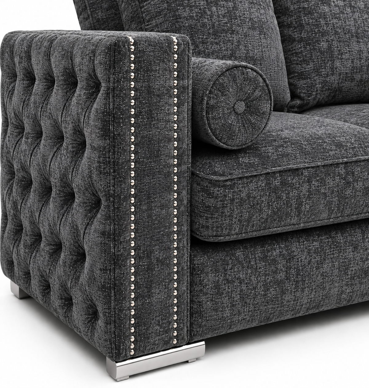 Ruby Alaska 5 Seater Corner Chenille Dark Grey Sofa - Detailed Angle View 3