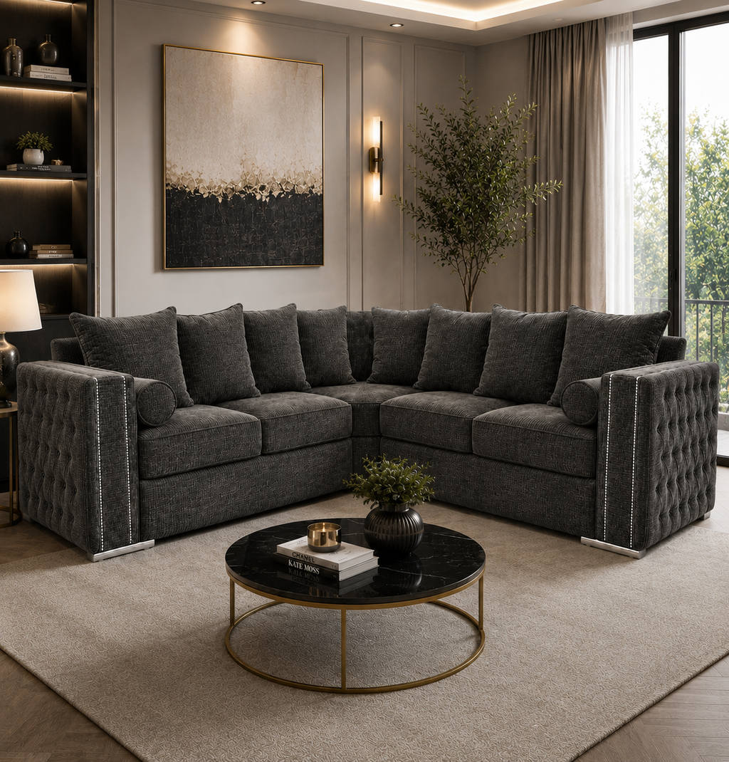 Ruby Alaska 5 Seater Corner Chenille Dark Grey Sofa - Detailed Angle View 4
