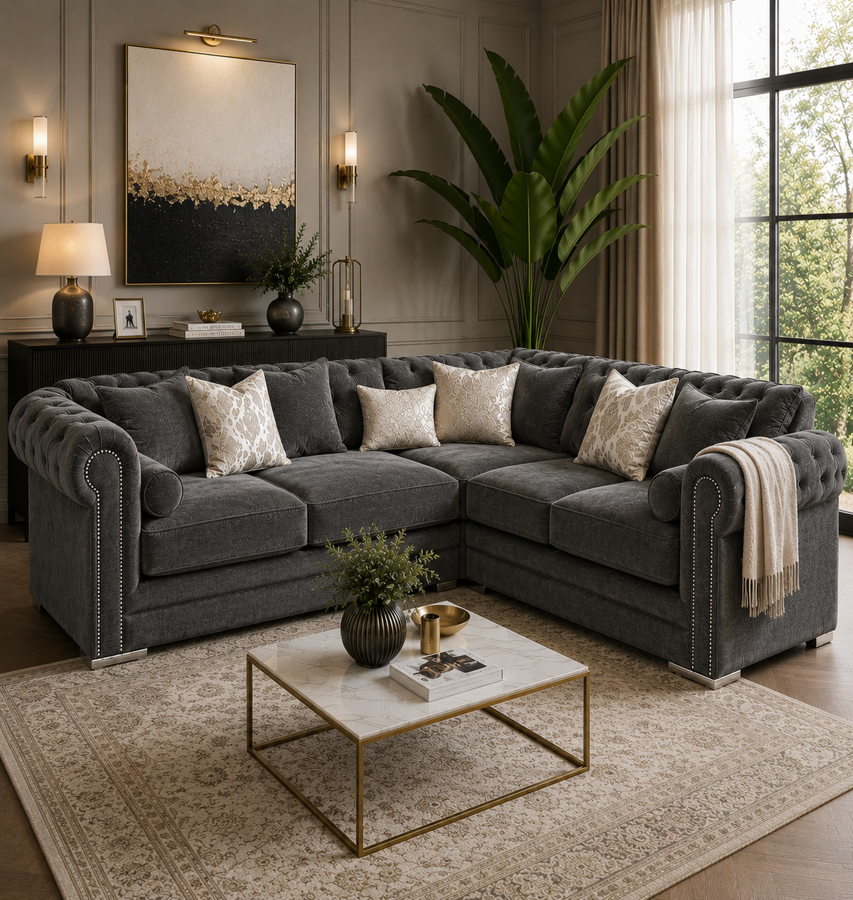 Ruby Alaska 5 Seater Corner Chenille Dark Grey Sofa - Detailed Angle View 5