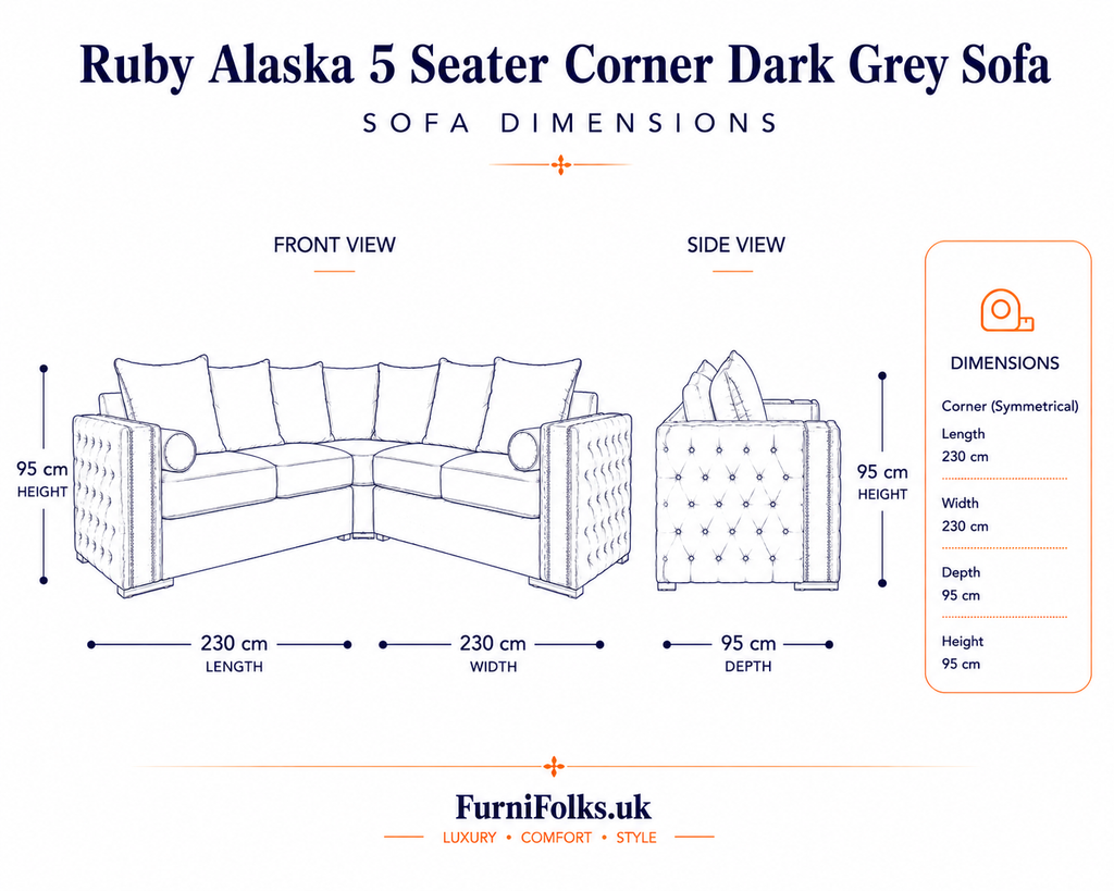 Ruby Alaska 5 Seater Corner Chenille Dark Grey Sofa - Detailed Angle View 6