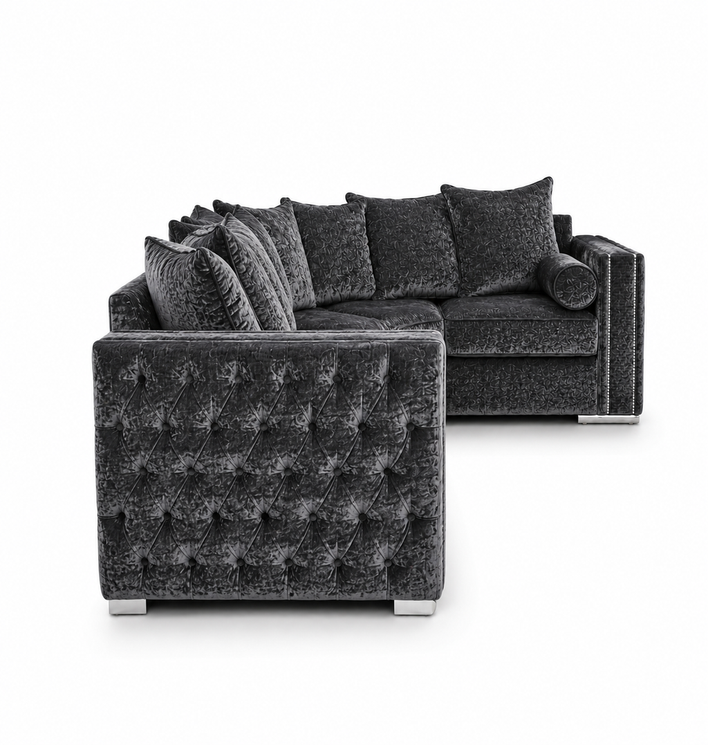 Ruby Alaska 5 Seater Corner Crush Velvet Dark Grey Sofa - Detailed Angle View 2