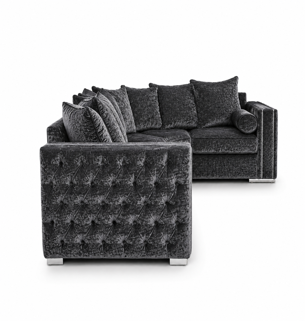 Ruby Alaska 5 Seater Corner Crush Velvet Dark Grey Sofa - Detailed Angle View 2