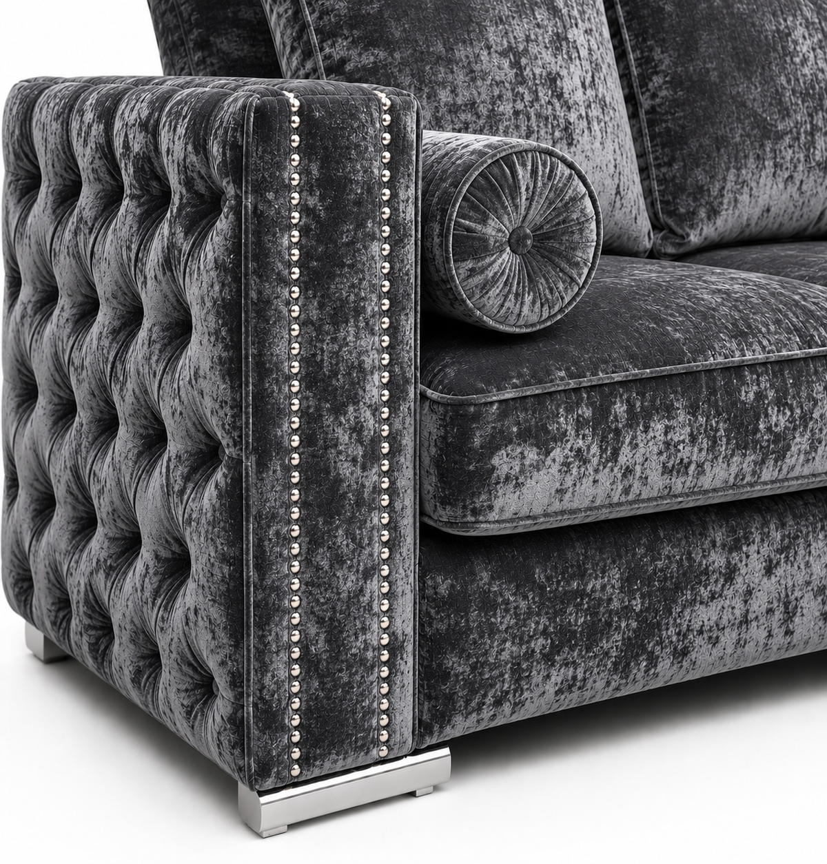 Ruby Alaska 5 Seater Corner Crush Velvet Dark Grey Sofa - Detailed Angle View 3