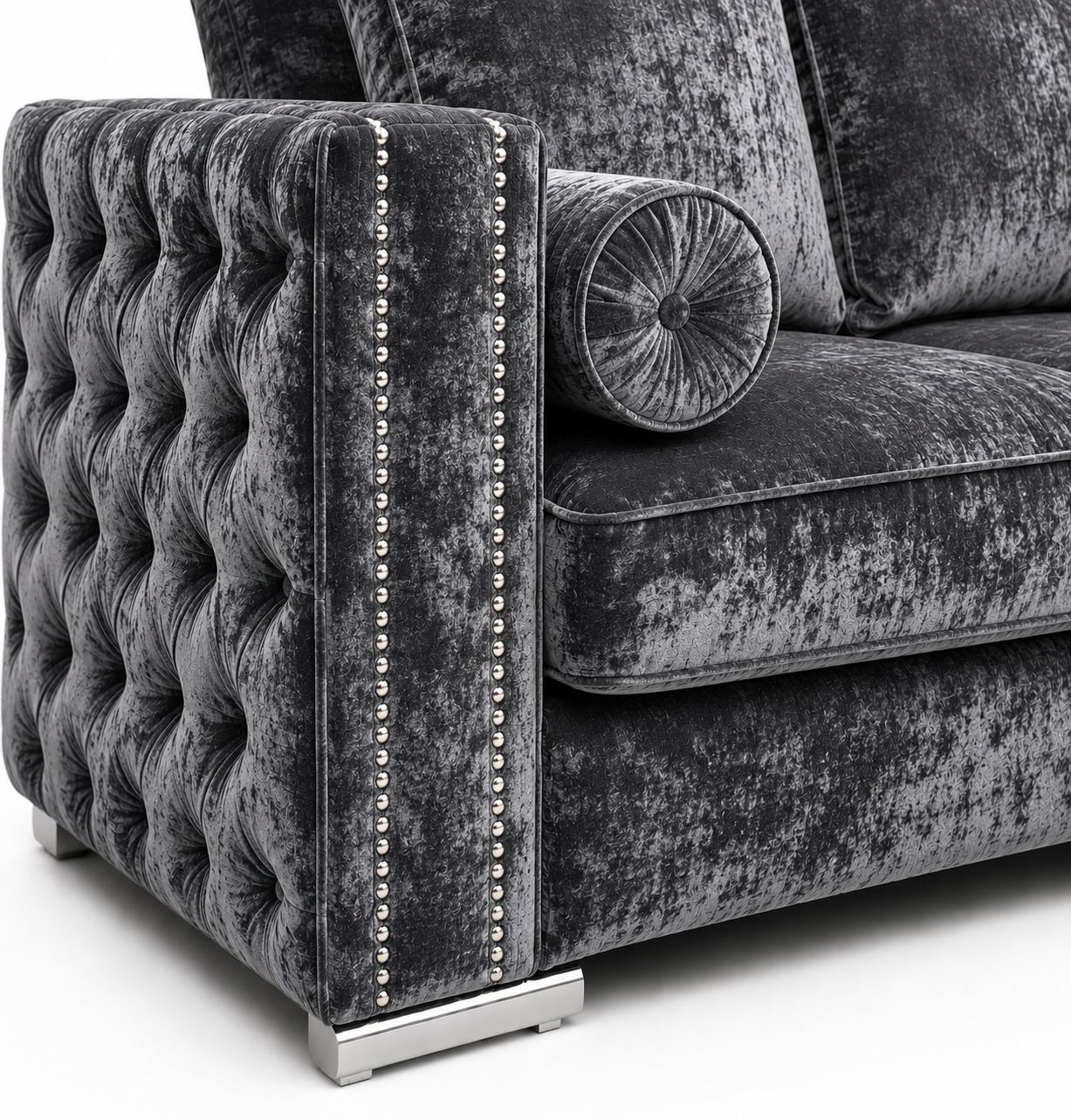 Ruby Alaska 5 Seater Corner Crush Velvet Dark Grey Sofa - Detailed Angle View 3
