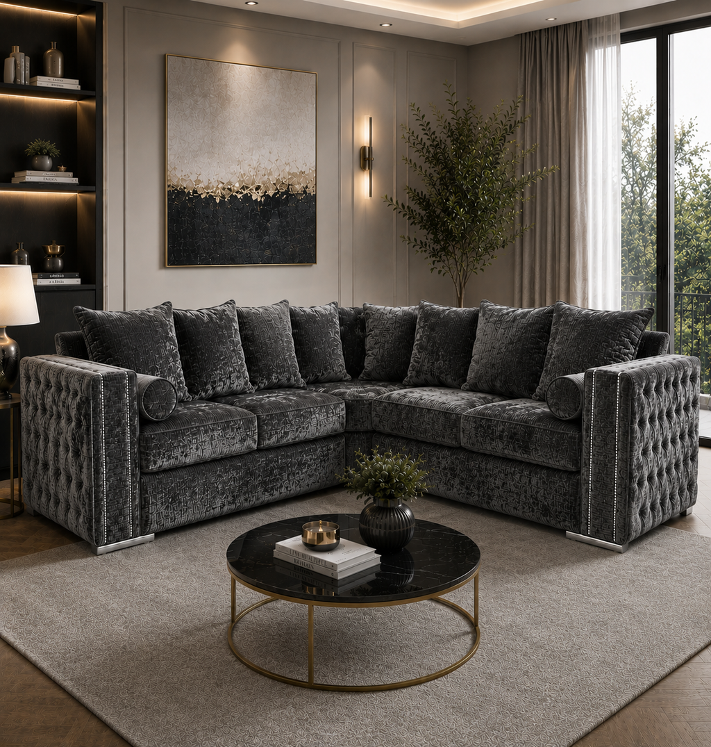 Ruby Alaska 5 Seater Corner Crush Velvet Dark Grey Sofa - Detailed Angle View 4