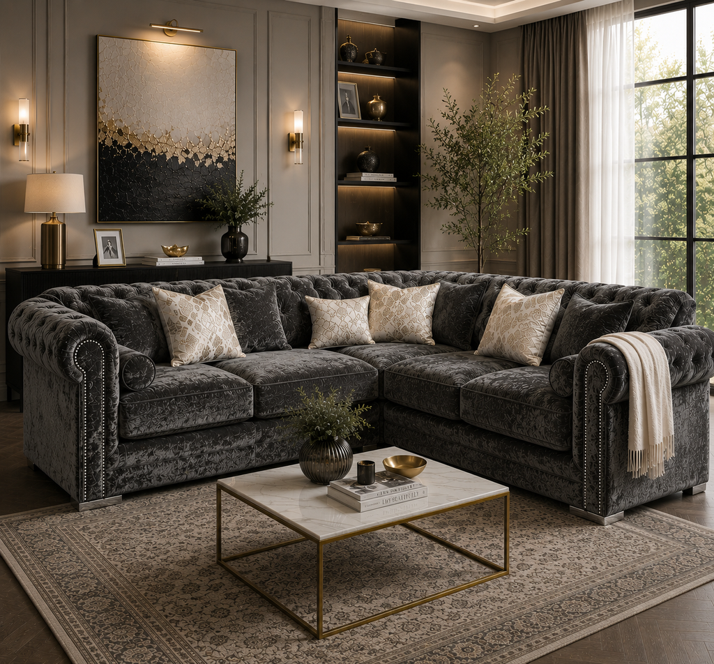 Ruby Alaska 5 Seater Corner Crush Velvet Dark Grey Sofa - Detailed Angle View 5