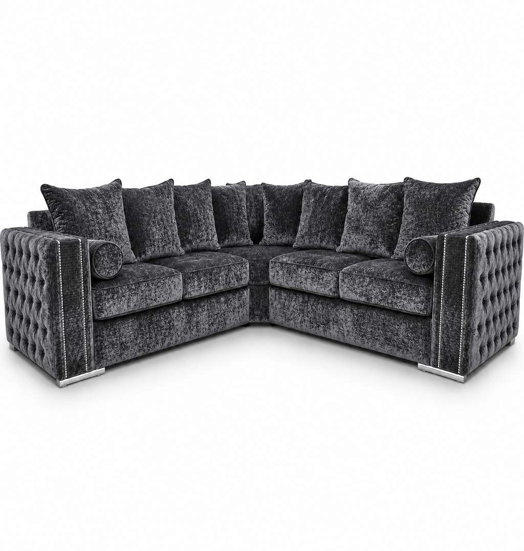 Ruby Alaska 5 Seater Corner Crush Velvet Dark Grey Sofa - Luxury UK Living Room Showcase