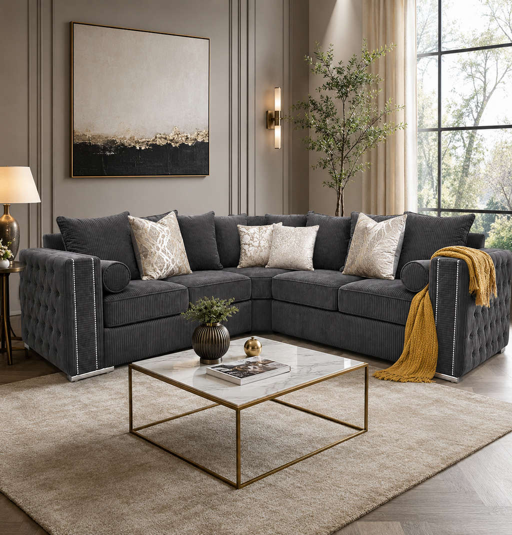 Ruby Alaska 5 Seater Corner Jumbo Cord Dark Grey Sofa - Detailed Angle View 4