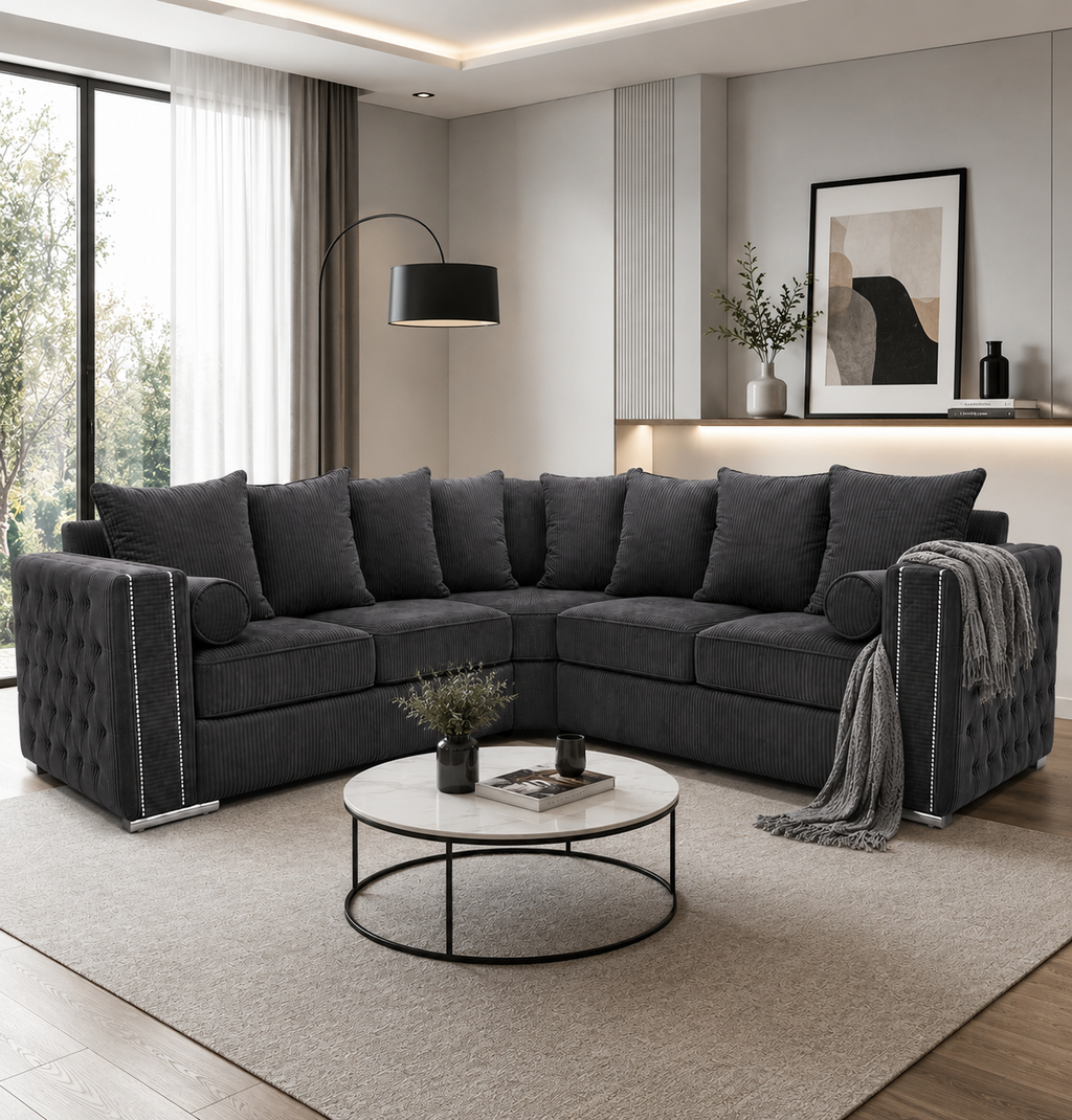 Ruby Alaska 5 Seater Corner Jumbo Cord Dark Grey Sofa - Detailed Angle View 5