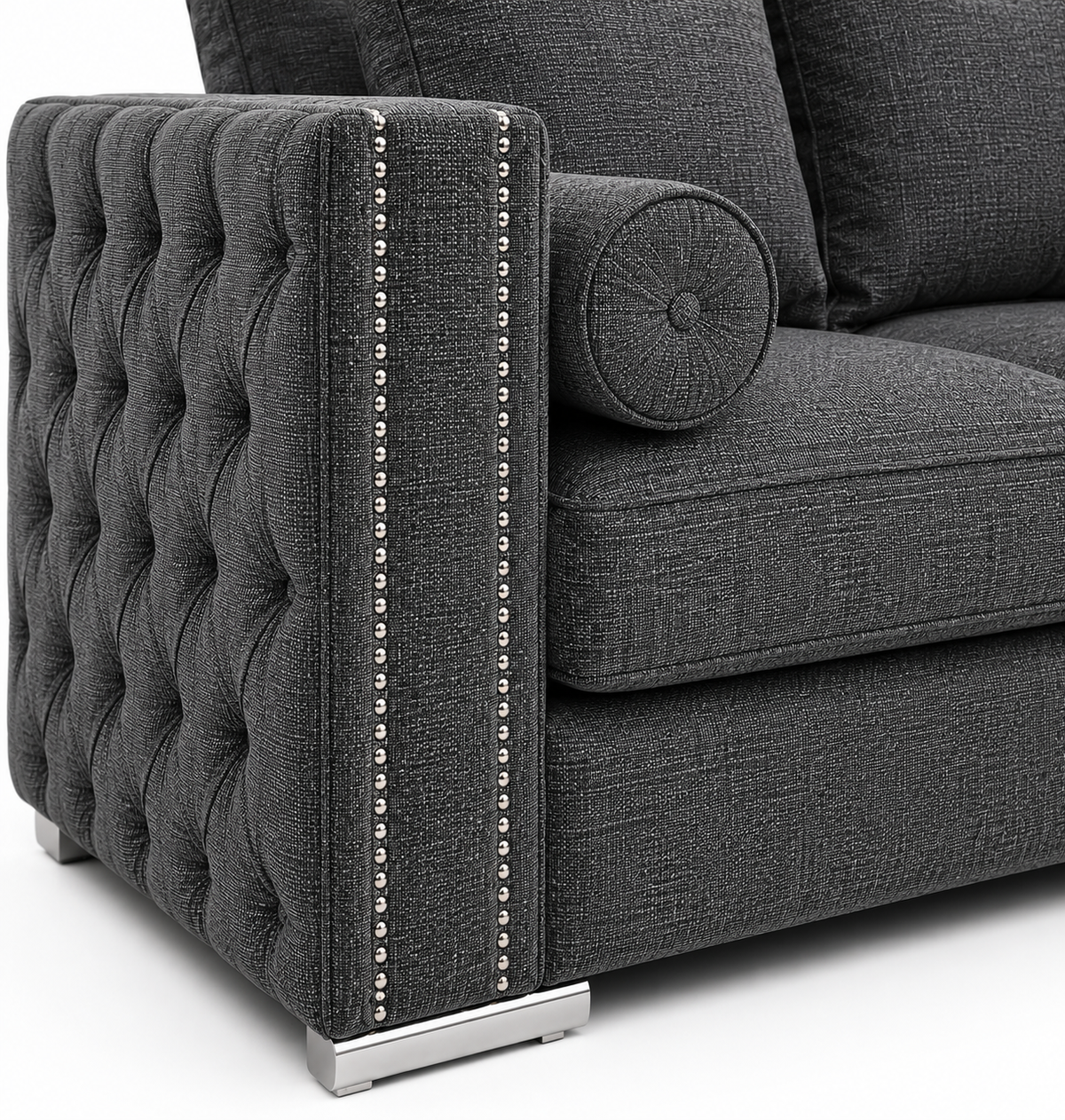 Ruby Alaska 5 Seater Corner Naples & Kensington Dark Grey Sofa - Detailed Angle View 3