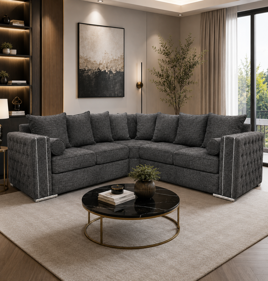 Ruby Alaska 5 Seater Corner Naples & Kensington Dark Grey Sofa - Detailed Angle View 5
