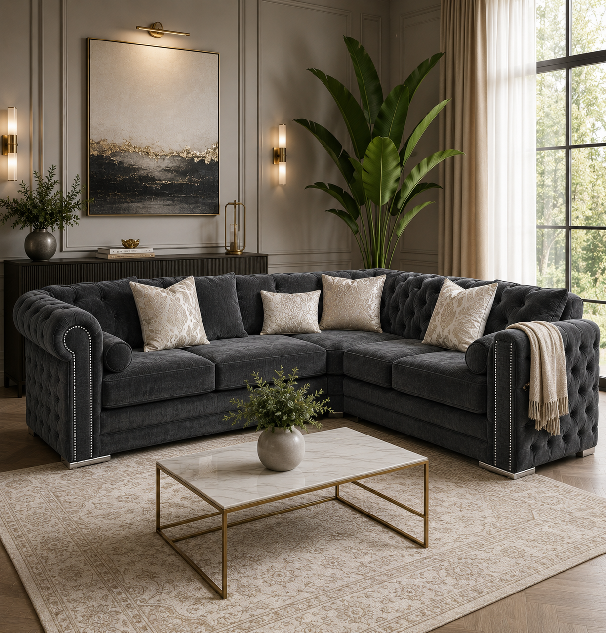Ruby Alaska 5 Seater Corner Naples & Kensington Dark Grey Sofa - Detailed Angle View 4