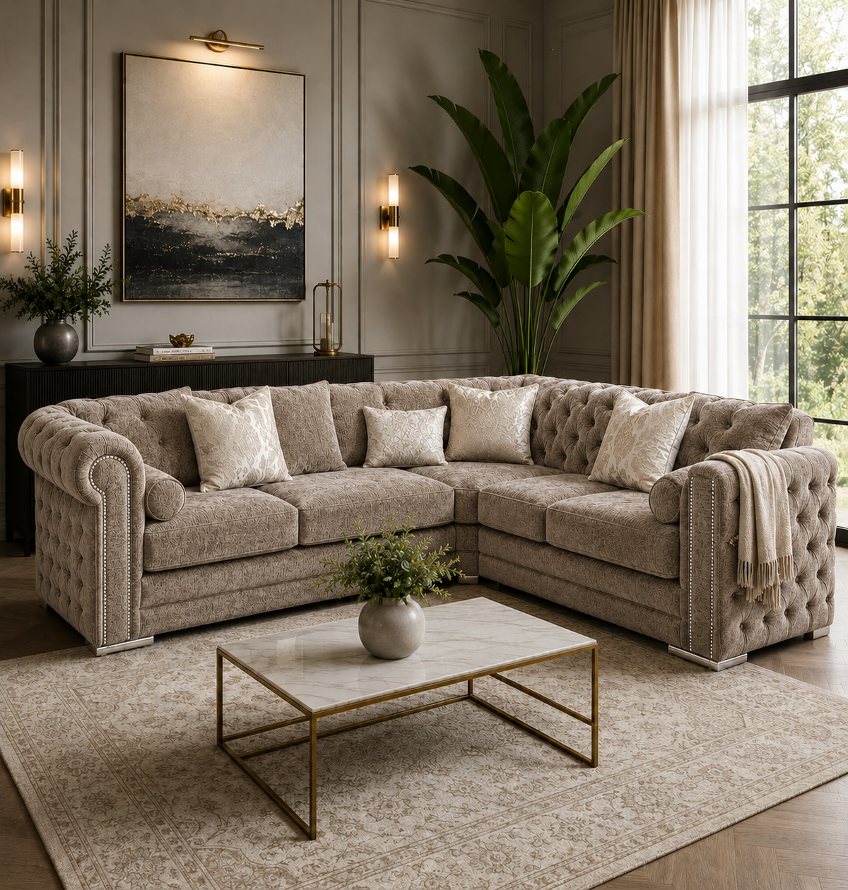 Ruby Alaska 5 Seater Corner Naples & Kensington Mink Sofa - Detailed Angle View 4