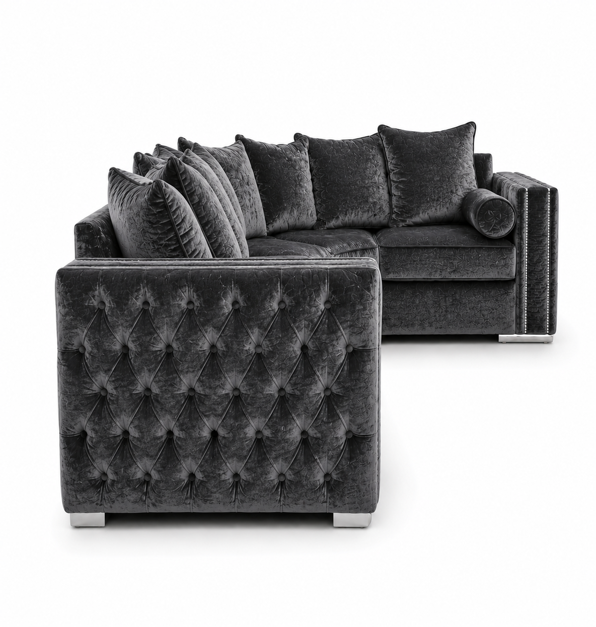Ruby Alaska 5 Seater Corner Plush Velvet Dark Grey Sofa - Detailed Angle View 2