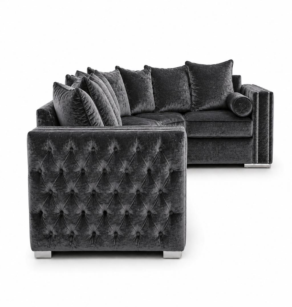Ruby Alaska 5 Seater Corner Plush Velvet Dark Grey Sofa - Detailed Angle View 2