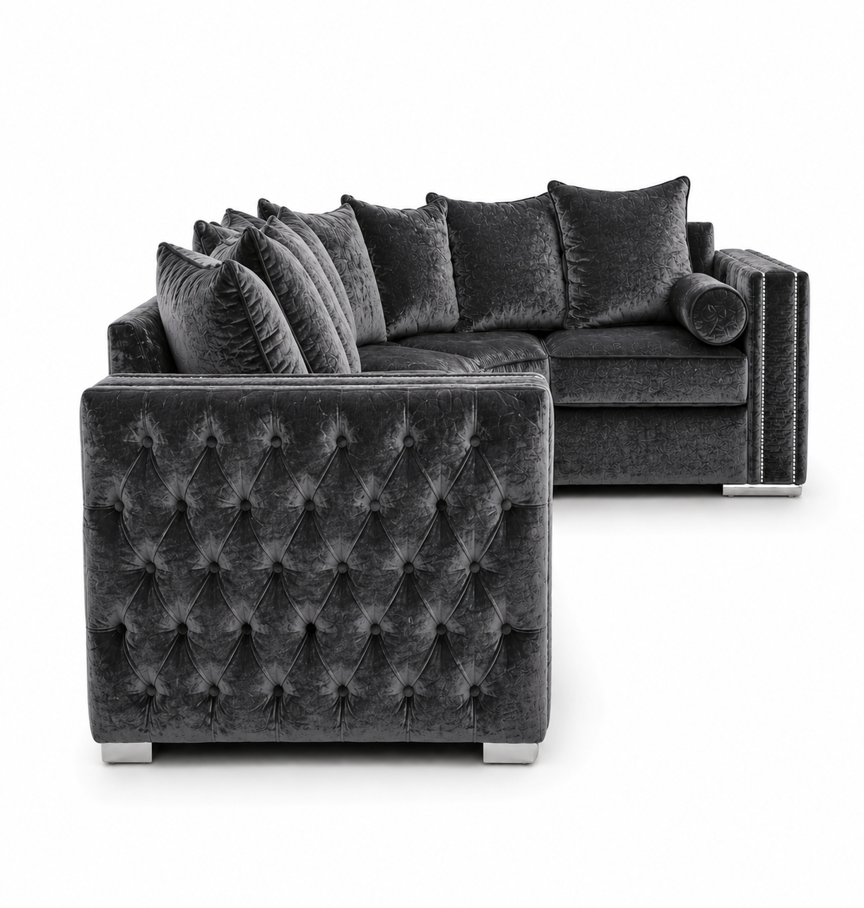 Ruby Alaska 5 Seater Corner Plush Velvet Dark Grey Sofa - Detailed Angle View 2