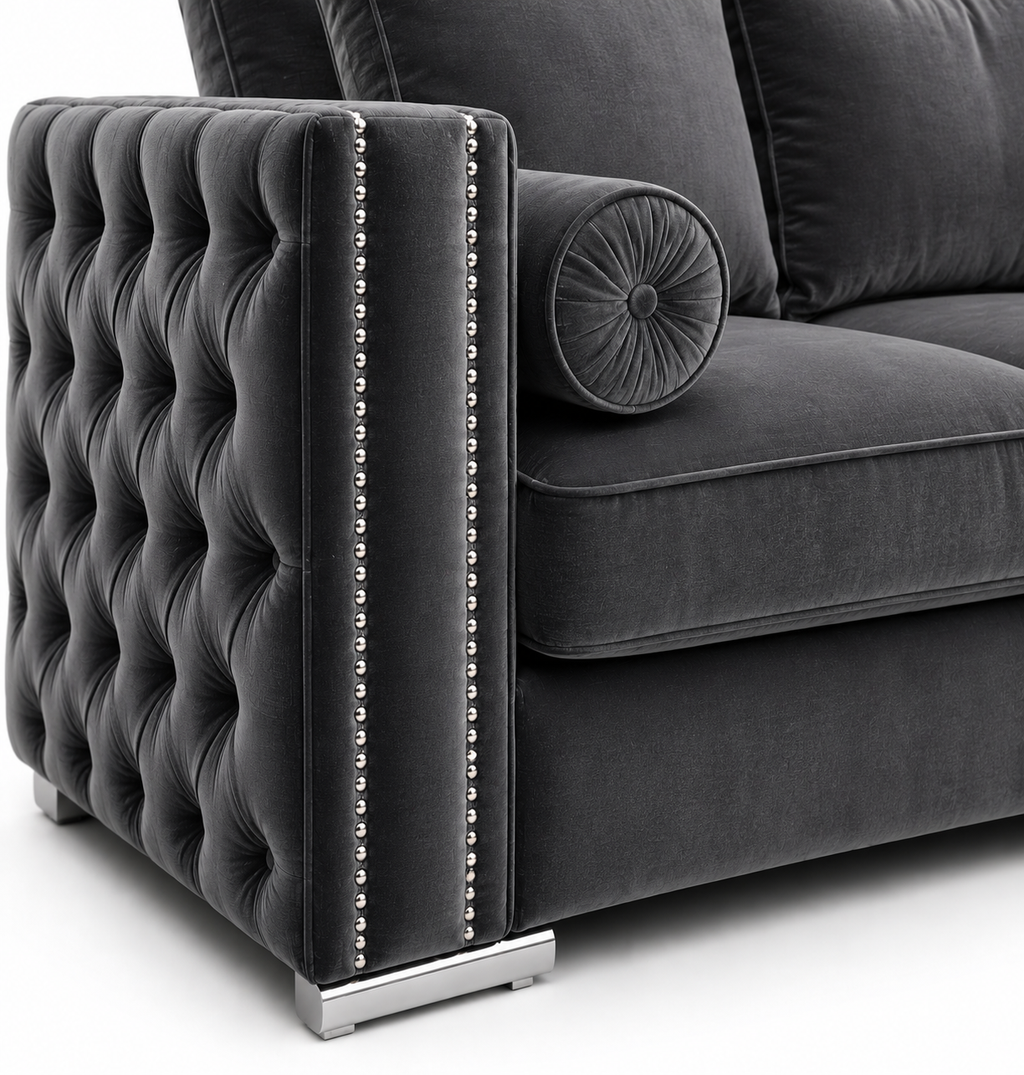 Ruby Alaska 5 Seater Corner Plush Velvet Dark Grey Sofa - Detailed Angle View 3