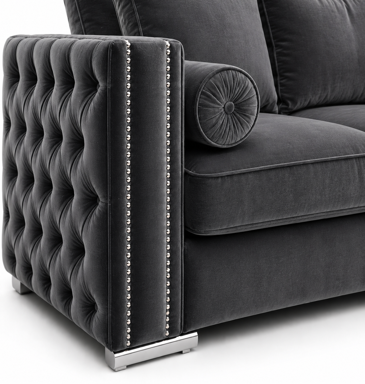 Ruby Alaska 5 Seater Corner Plush Velvet Dark Grey Sofa - Detailed Angle View 3
