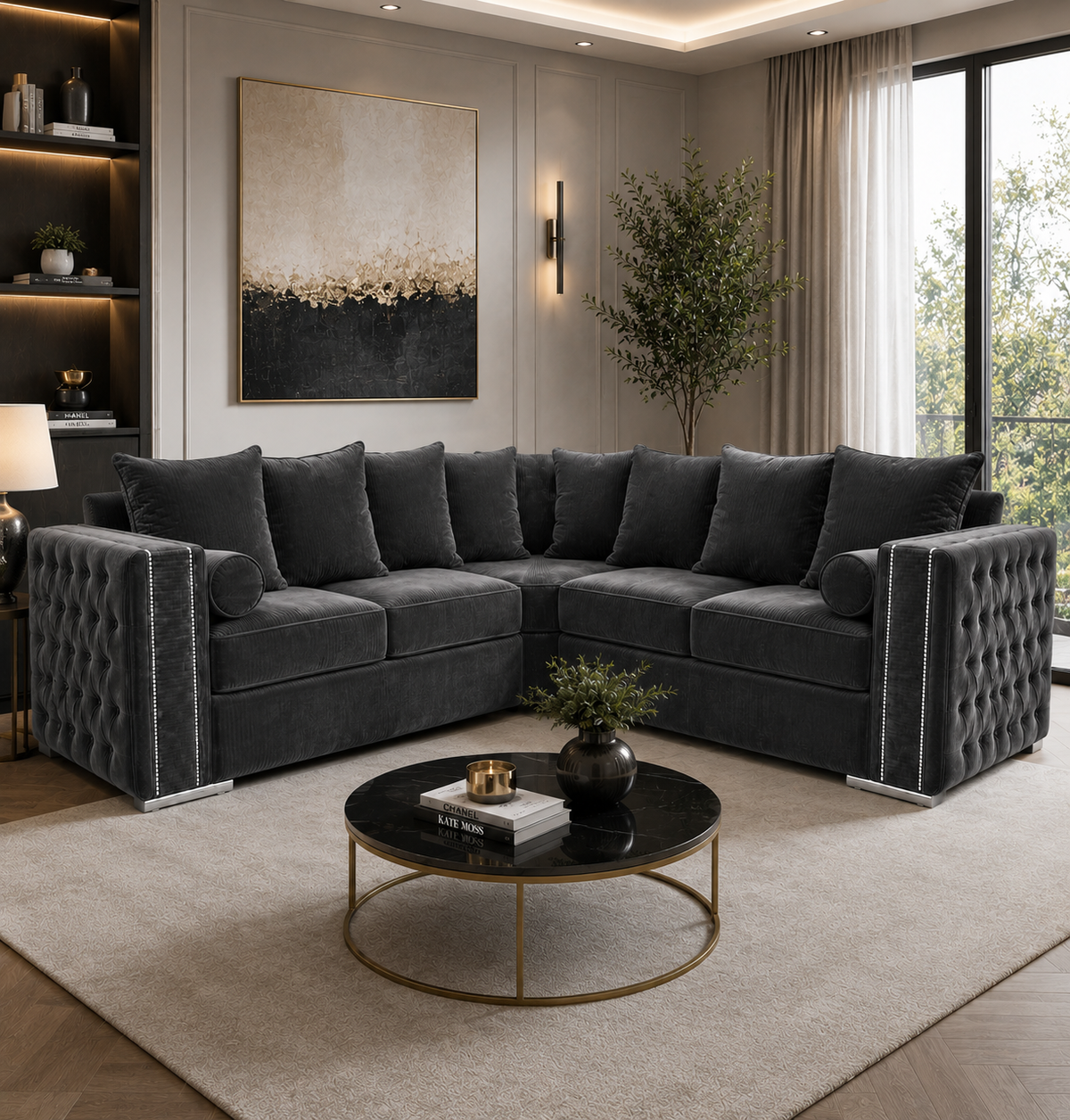 Ruby Alaska 5 Seater Corner Plush Velvet Dark Grey Sofa - Detailed Angle View 4