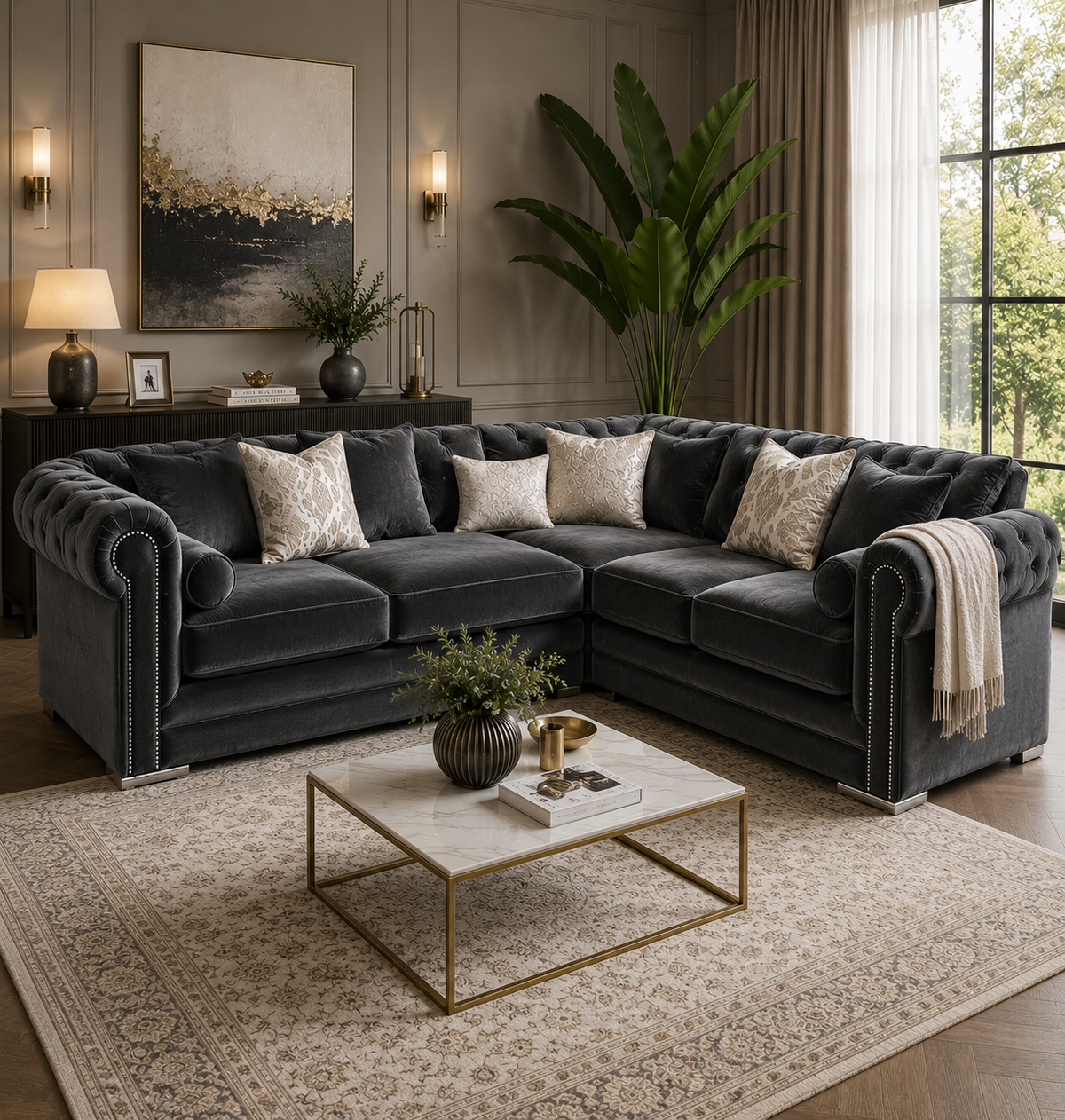 Ruby Alaska 5 Seater Corner Plush Velvet Dark Grey Sofa - Detailed Angle View 5