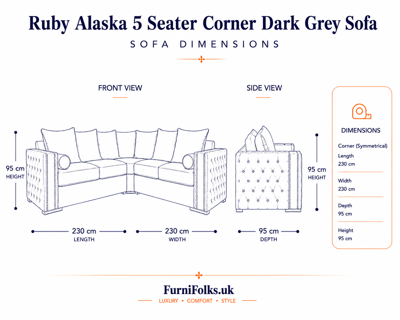 Ruby Alaska 5 Seater Corner Plush Velvet Dark Grey Sofa - Detailed Angle View 6