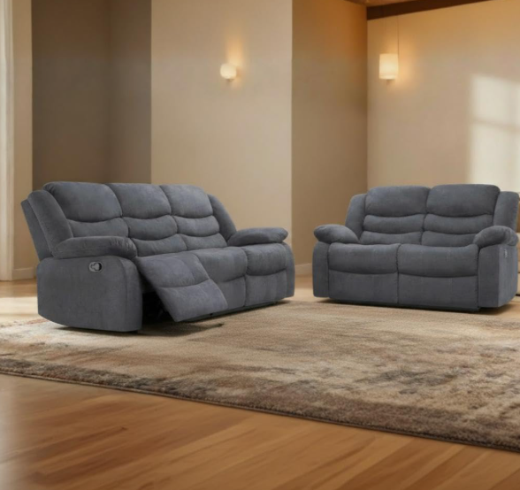 Madrid Fabric Recliner Sofa with Cupholders – 3+2 Seater Sofa Grey - Detailed Angle View 2