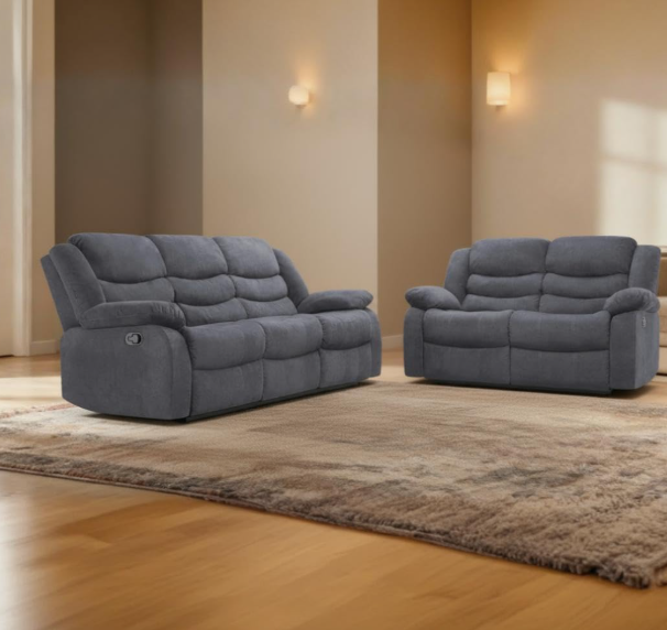 Madrid Fabric Recliner Sofa with Cupholders – 3+2 Seater Sofa Grey - Detailed Angle View 3