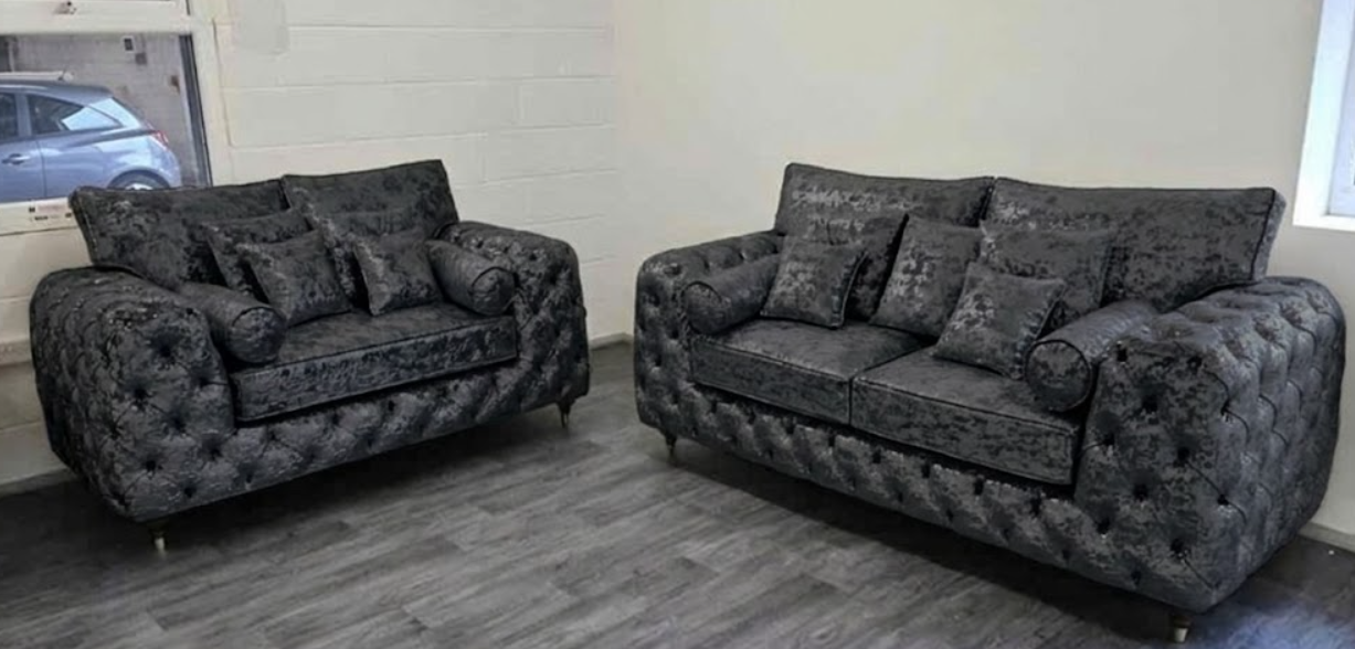 ASHTON 3+2 Seater Crush Velvet Dark Grey Sofa Set - Luxury UK Living Room Showcase