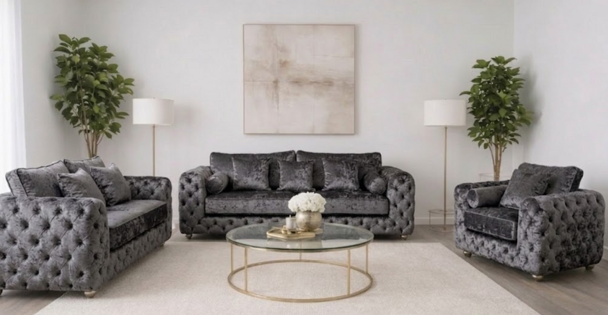 ASHTON 3+2+1 Seater Crush Velvet Dark Grey Sofa Set - Luxury UK Living Room Showcase