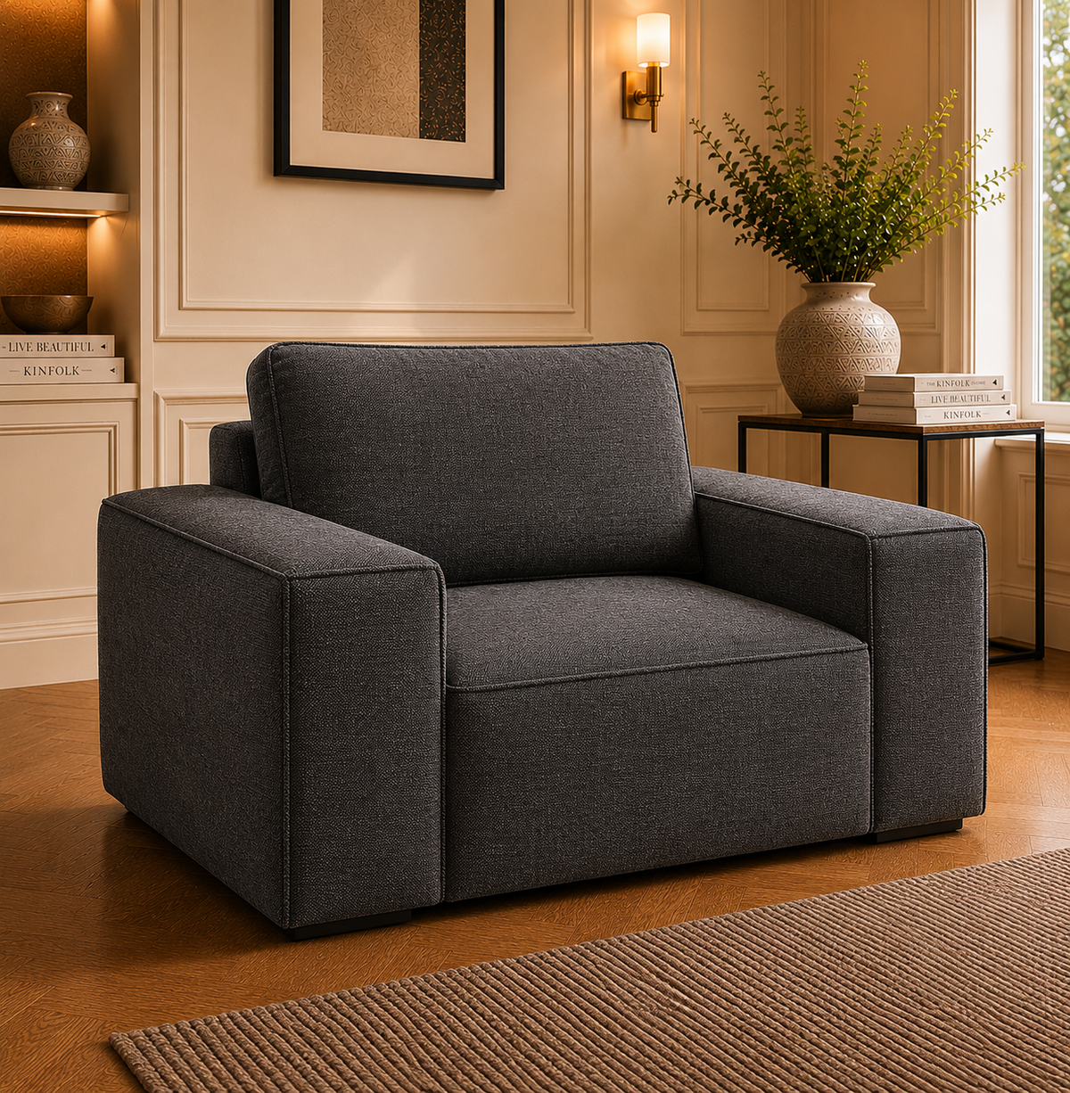 Sloane Sleefy 1 Seater Chenille Dark Grey Sofa | FurniFolks - Detailed Angle View 4