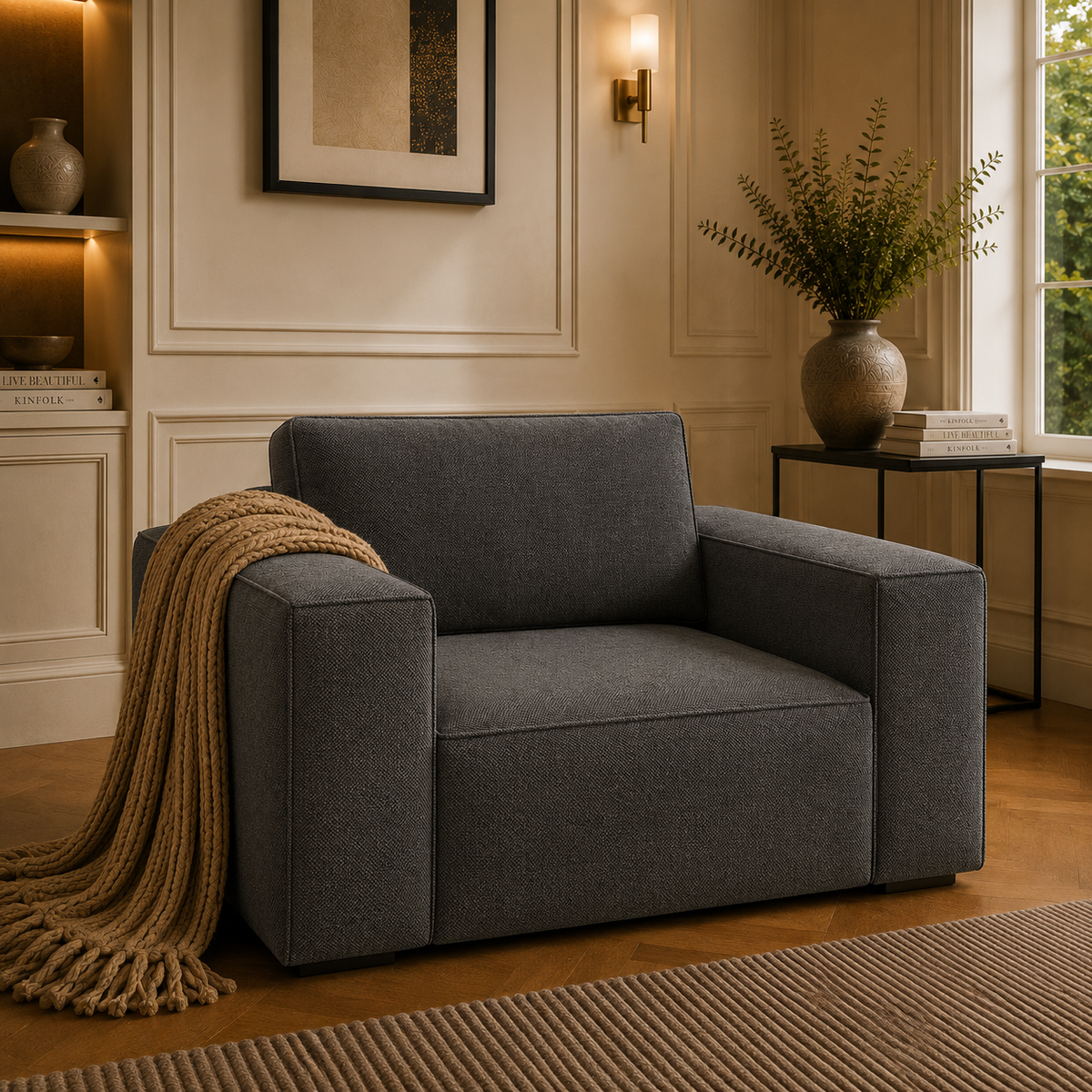 Sloane Sleefy 1 Seater Chenille Dark Grey Sofa | FurniFolks - Detailed Angle View 5