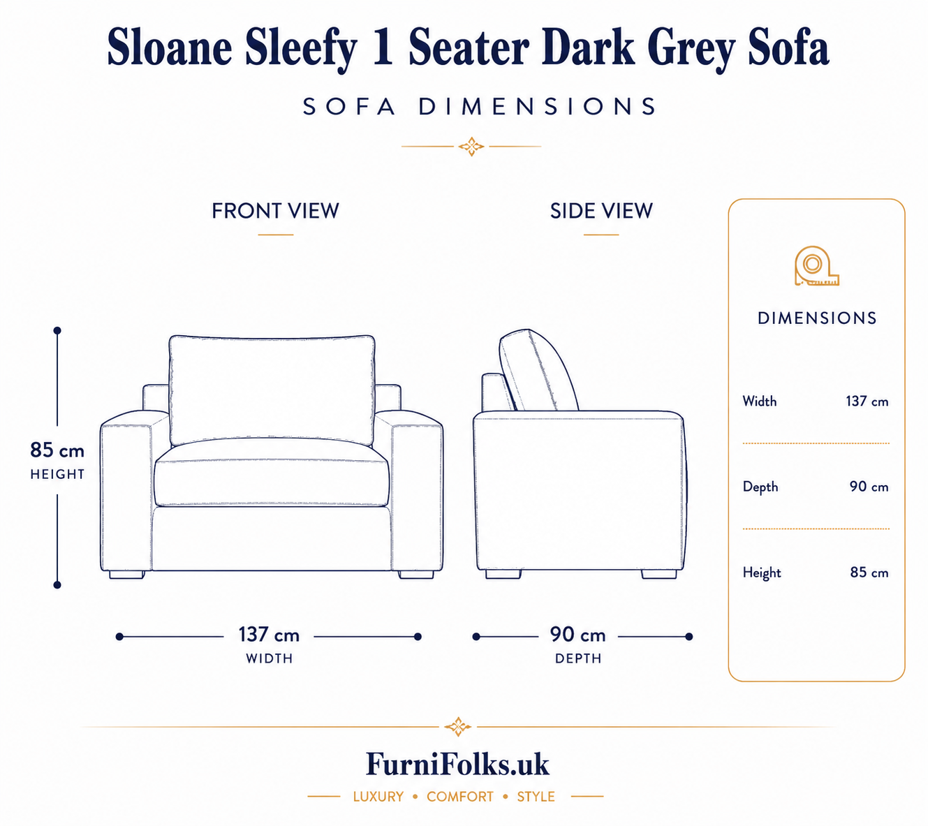 Sloane Sleefy 1 Seater Chenille Dark Grey Sofa | FurniFolks - Detailed Angle View 6