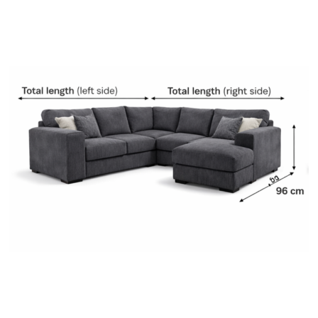 Sloane Sleefy 5 Seater Jumbo Cord Dark Grey Corner Sofa – Large Family Fabric Sofa for UK Living Rooms - Detailed Angle View 3