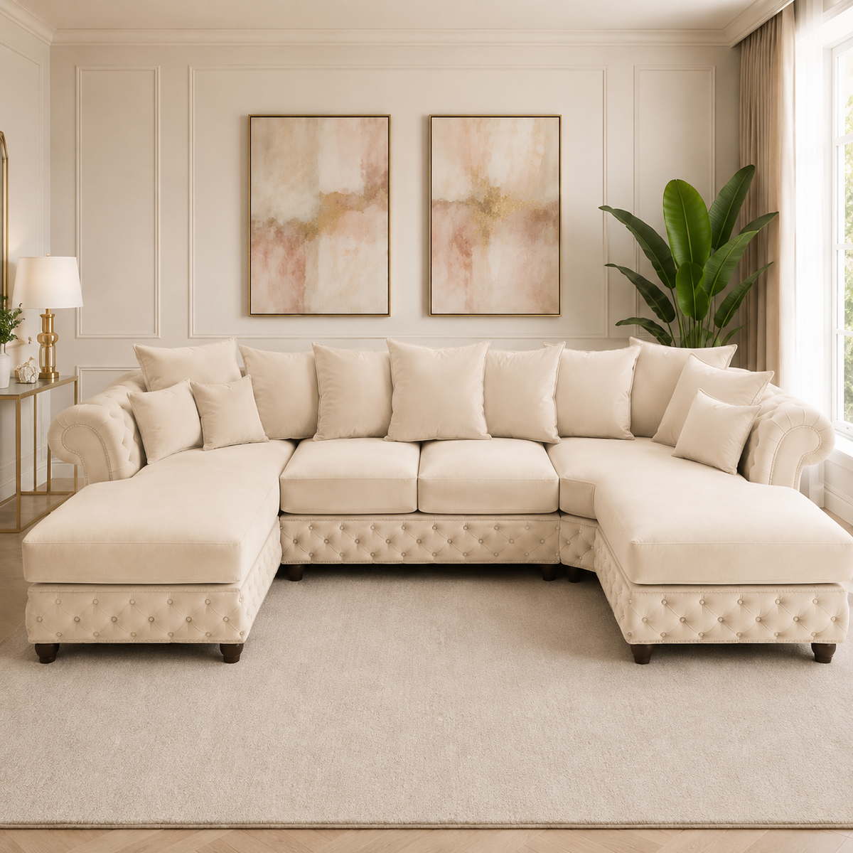Nicole Large U-Shape Plush Velvet Cream Sofa - Detailed Angle View 4