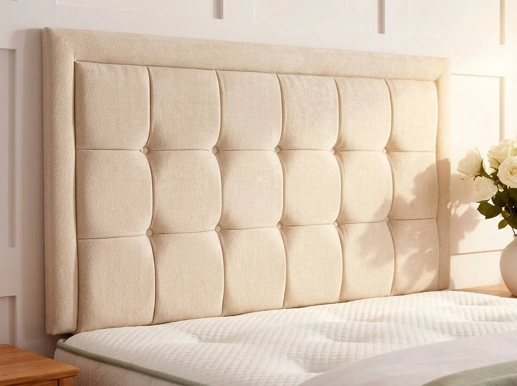 Hand-tufted cube padded headboard detail in luxury velvet upholstery by Royal Rest Interiors
