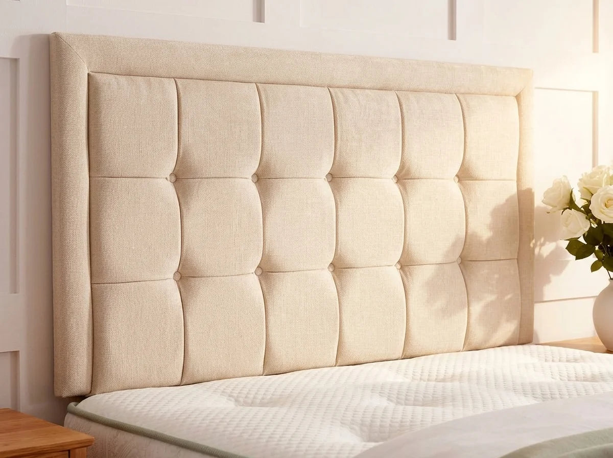 Hand-tufted cube padded headboard detail in luxury velvet upholstery by Royal Rest Interiors

